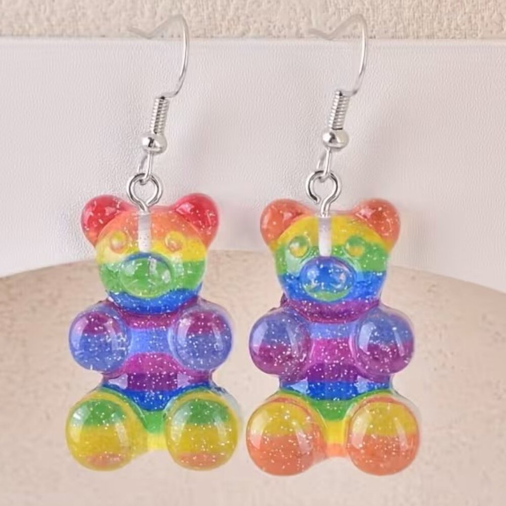 Rainbow Pride LGBTQ Gummy Bear Resin Drop Earrings Z2